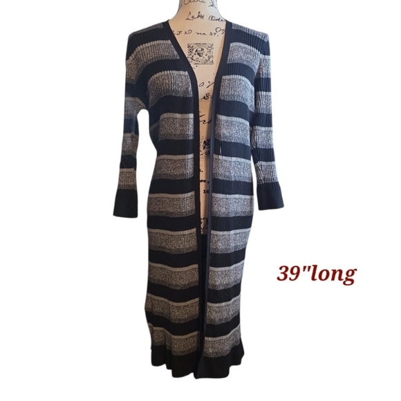 Women's Black and Gray Striped Cardigan Sweater - Picture 3 of 6